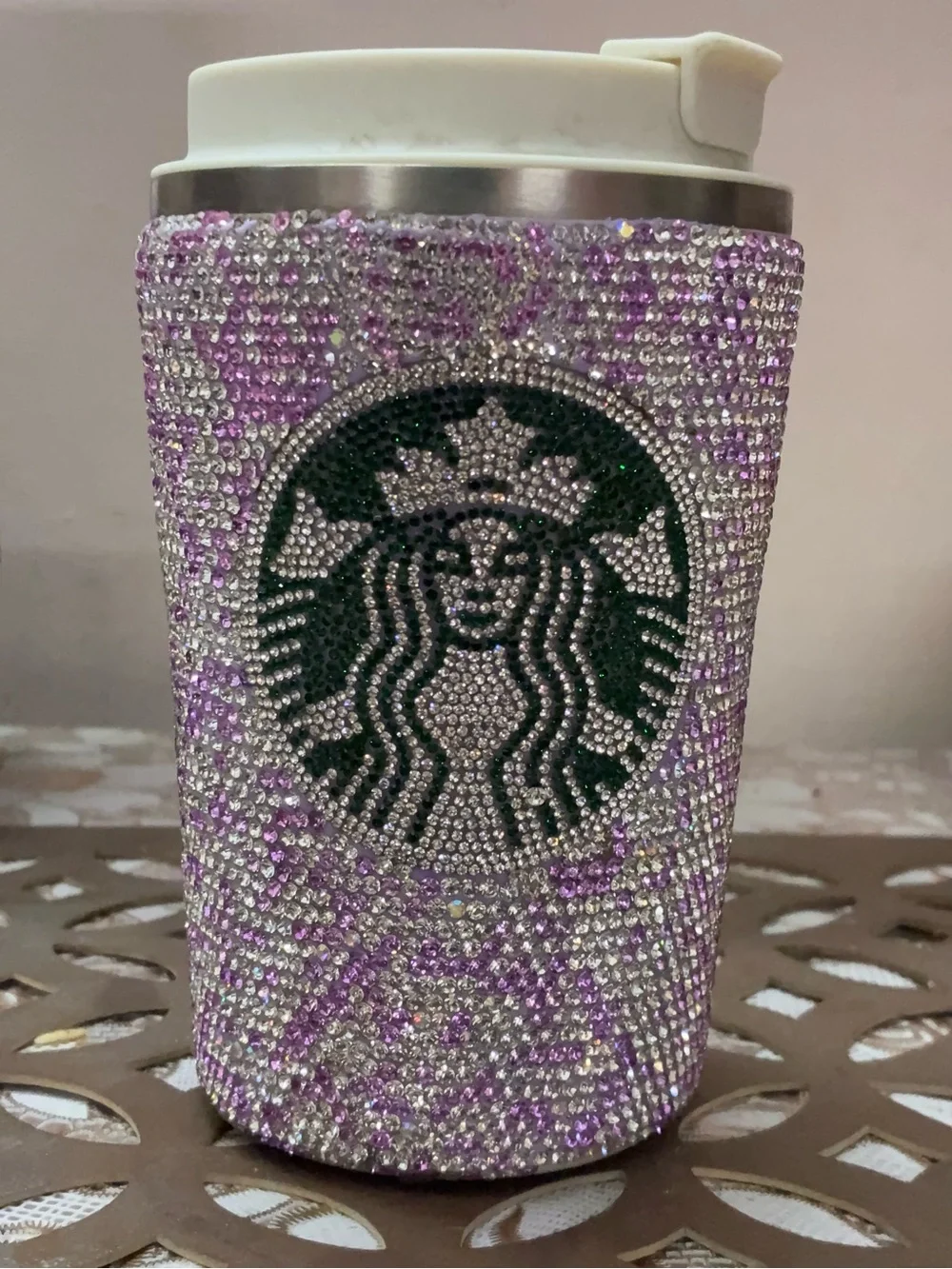 Ideal !Sparkling purple white Rhinestone crystal temp temp check Travel Tumbler